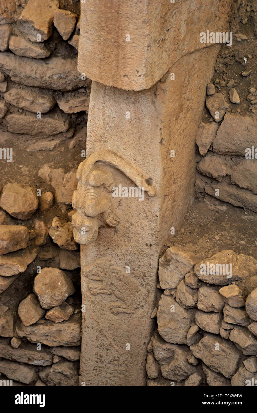 Carved animals at ancient archaeological site in Gobekli Tepe, Sanliurfa, Turkey Stock Photo