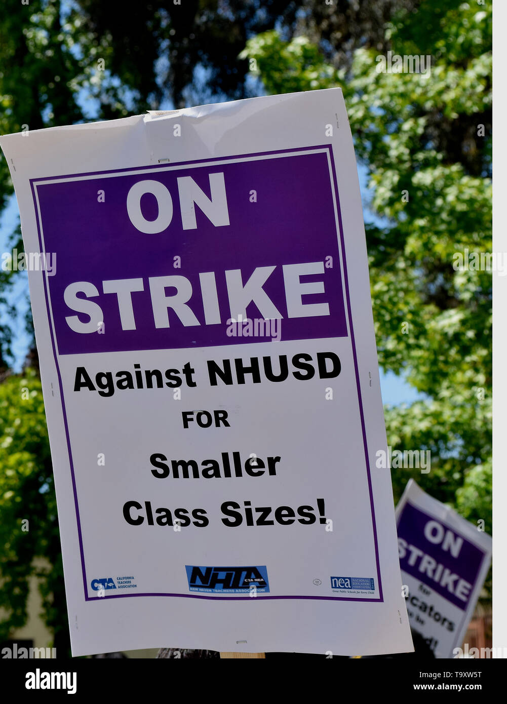 strike picket sign for smaller class sizes. New Haven Teachers Association strike New Haven Unified School District in Union City, California, on May 20, 2019 Stock Photo