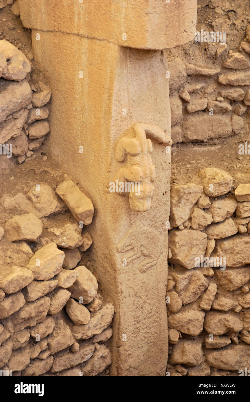 Ancient ruins with carved animals in stone at Gobekli Tepe, Sanliurfa, Turkey Stock Photo