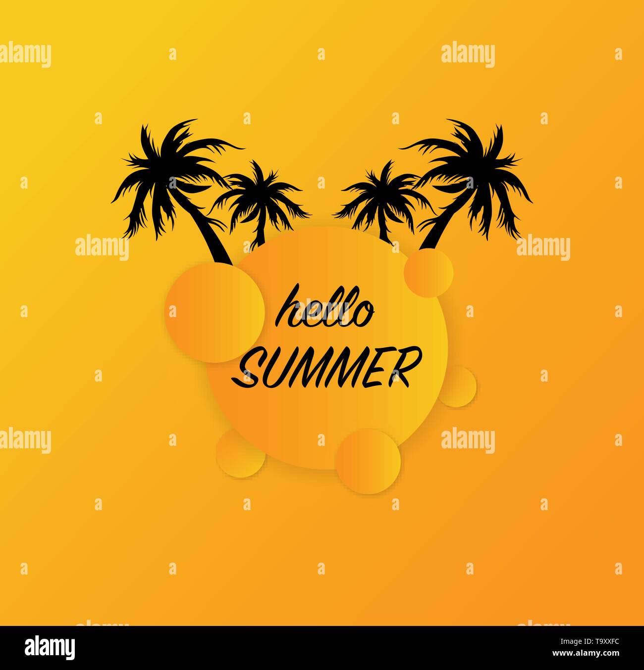 Hello summer modern banner with green palm trees, round orange