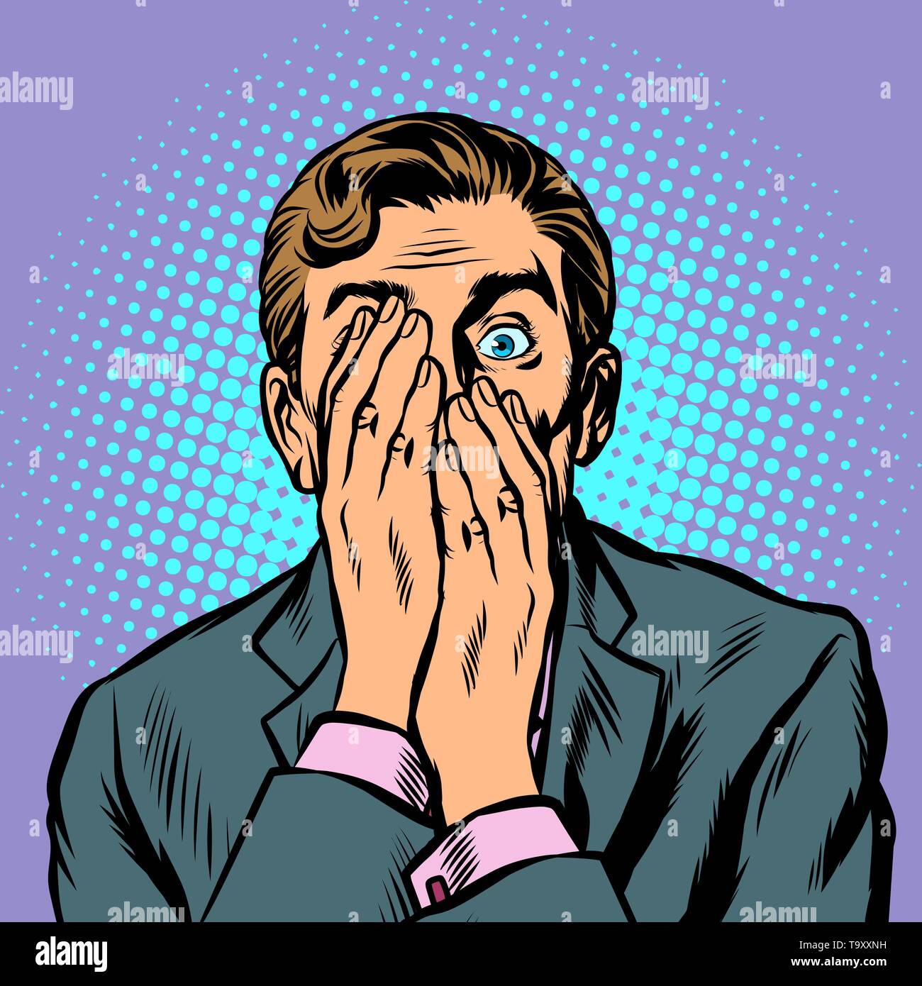 surprised man businessman covered his face with his hands. Pop art ...