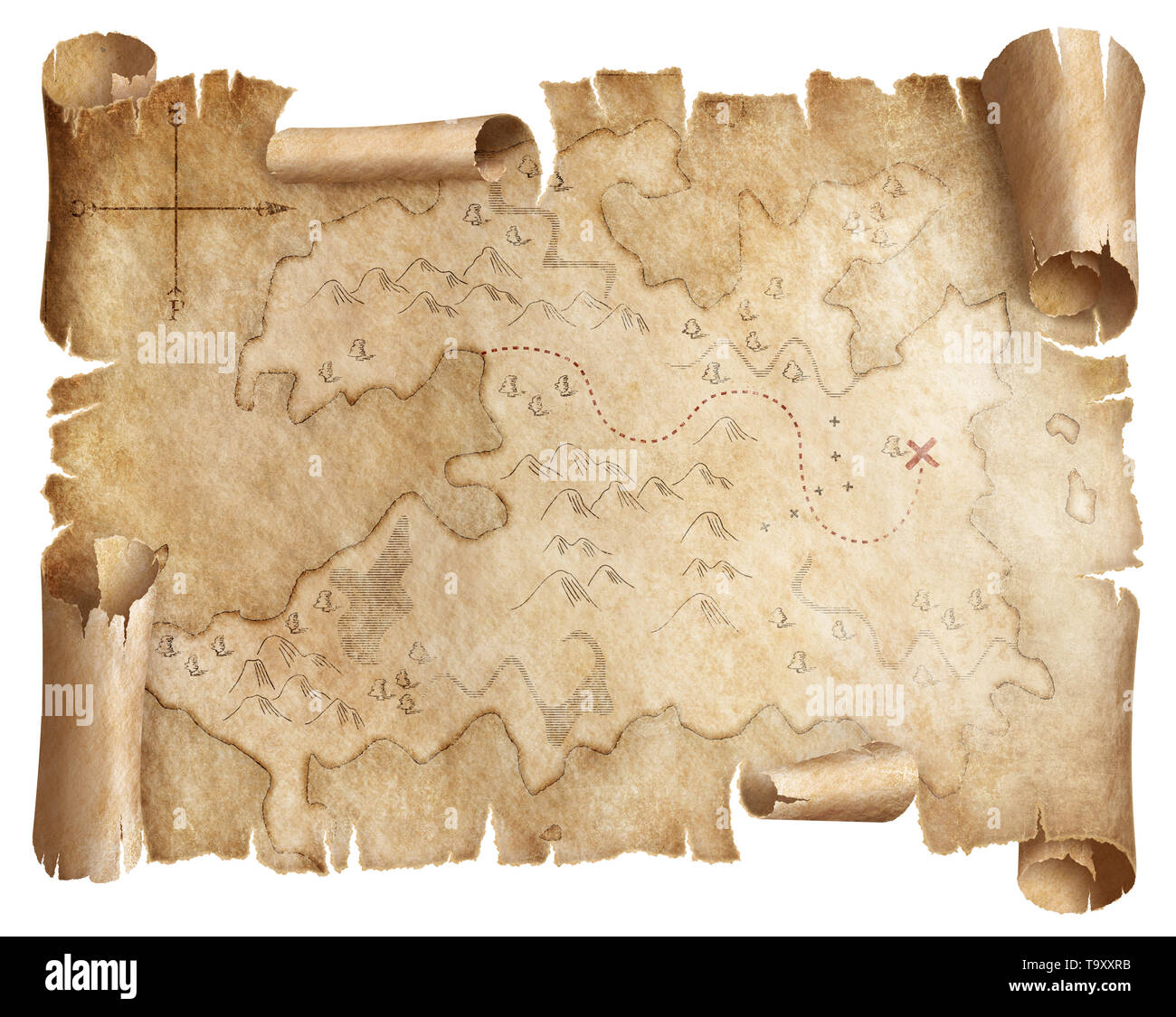 Ancient worn treasure map isolated Stock Photo