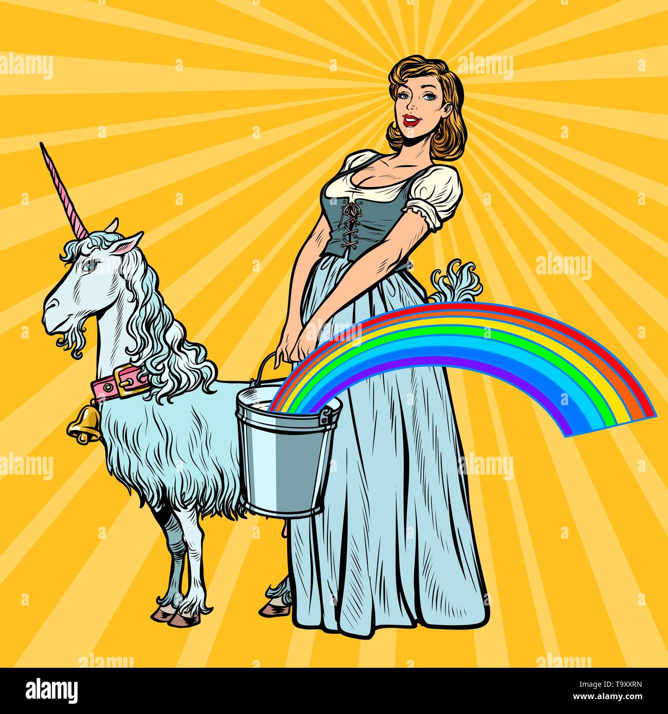 unicorn rainbow woman with bucket. Pop art retro vector illustration vintage kitsch Stock Vector