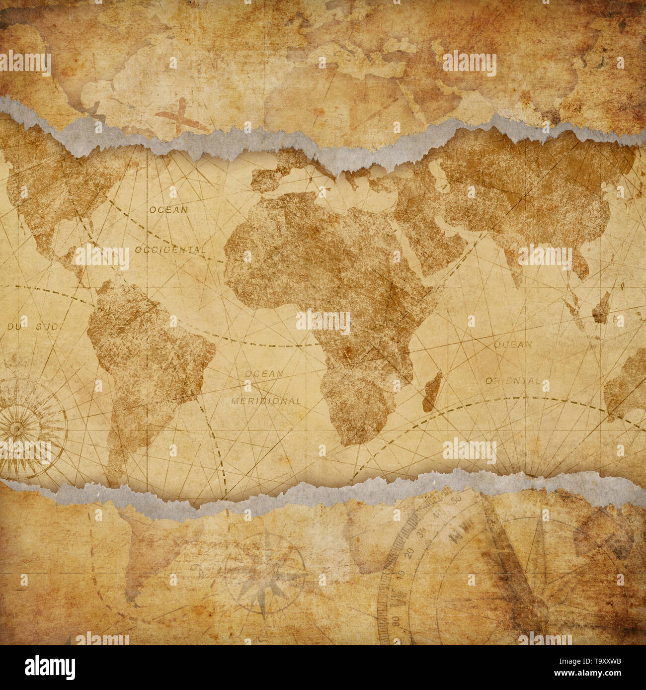 Vintage torn worn world map illustration Stock Photo