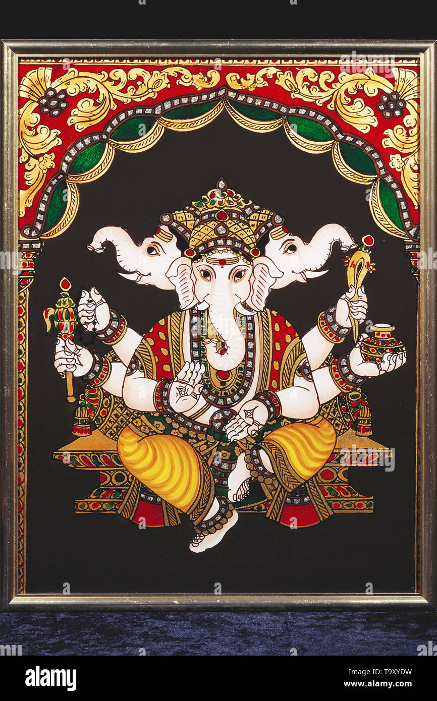 TRIMUKHA Ganapati ,GANESH IDOL,TANJORE GLASS PAINTING,THANJAVUR ...