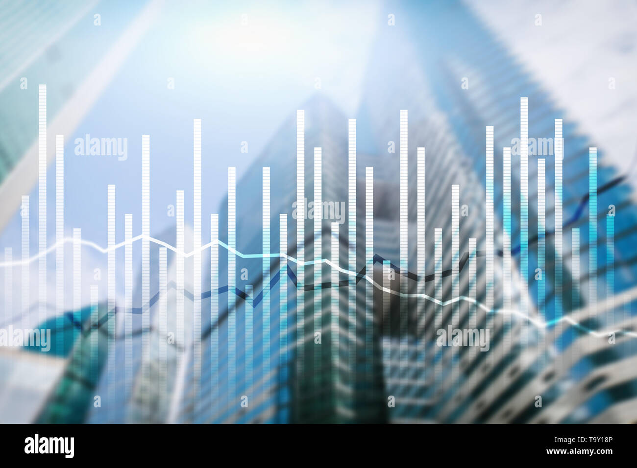 Double exposure Economics growth diagrams on blurred background. Business and investment concept Stock Photo