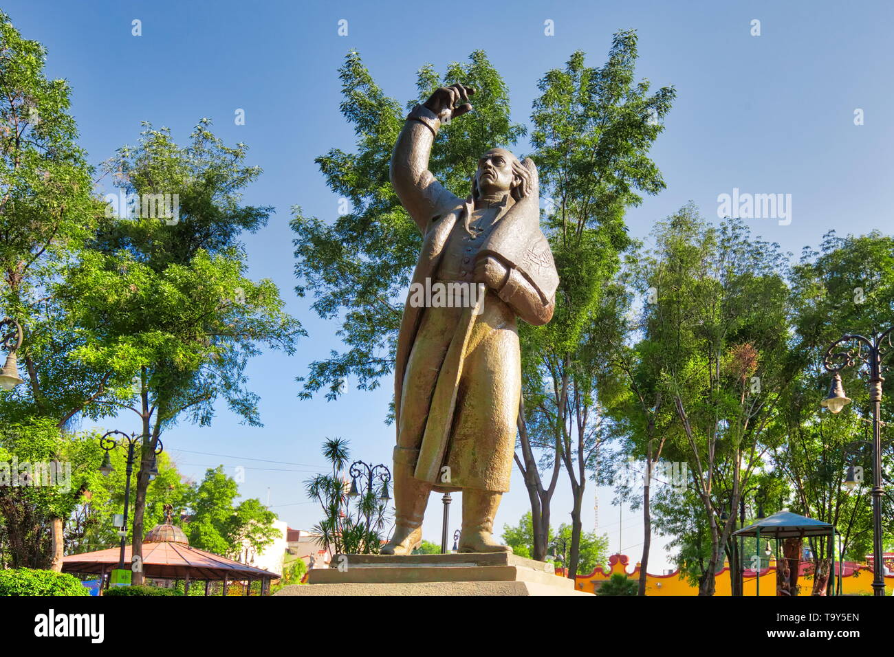 Coyoacan, Mexico City, Mexico-20 April, 2019: Miguel Hidalgo Statue in front of Parish of San Juan Bautista on Hidalgo square in Coyoacan Stock Photo