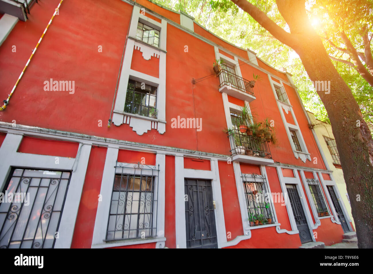 Beautiful Coyoacan streets and houses in historic district that hosts Frida Khalo museum and authentic Mexican restaurants Stock Photo