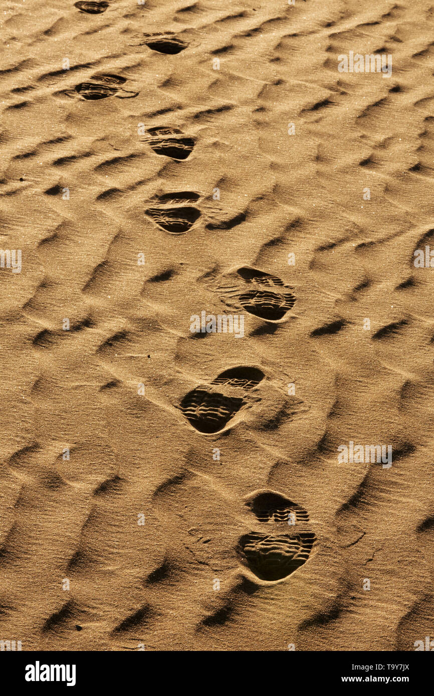 Treaded boots leave marks in dry drift sand, south eastern Australia. Stock Photo