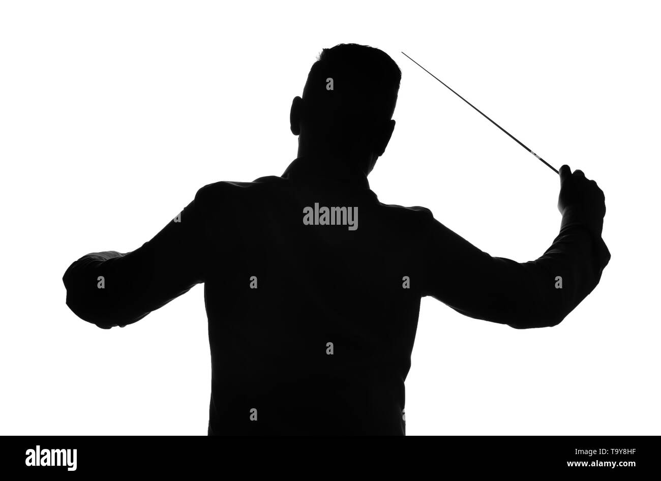 Silhouette of male orchestral conductor on white background Stock Photo
