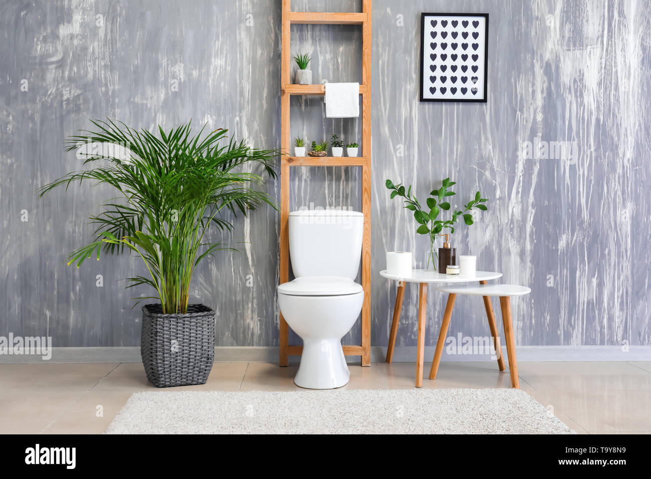 Modern interior of restroom with ceramic toilet bowl Stock Photo - Alamy