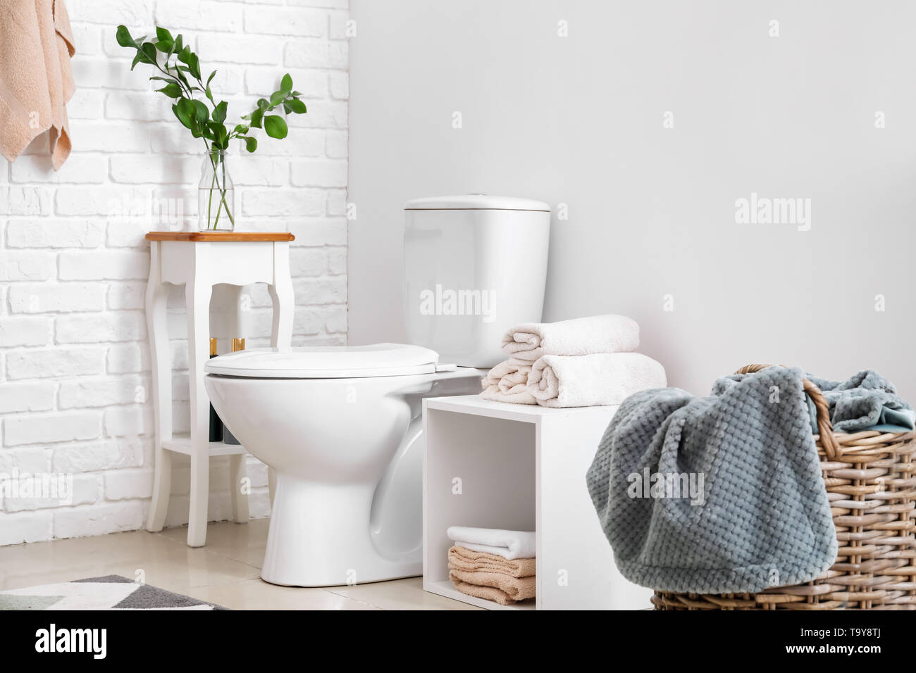 Modern interior of restroom with ceramic toilet bowl Stock Photo - Alamy
