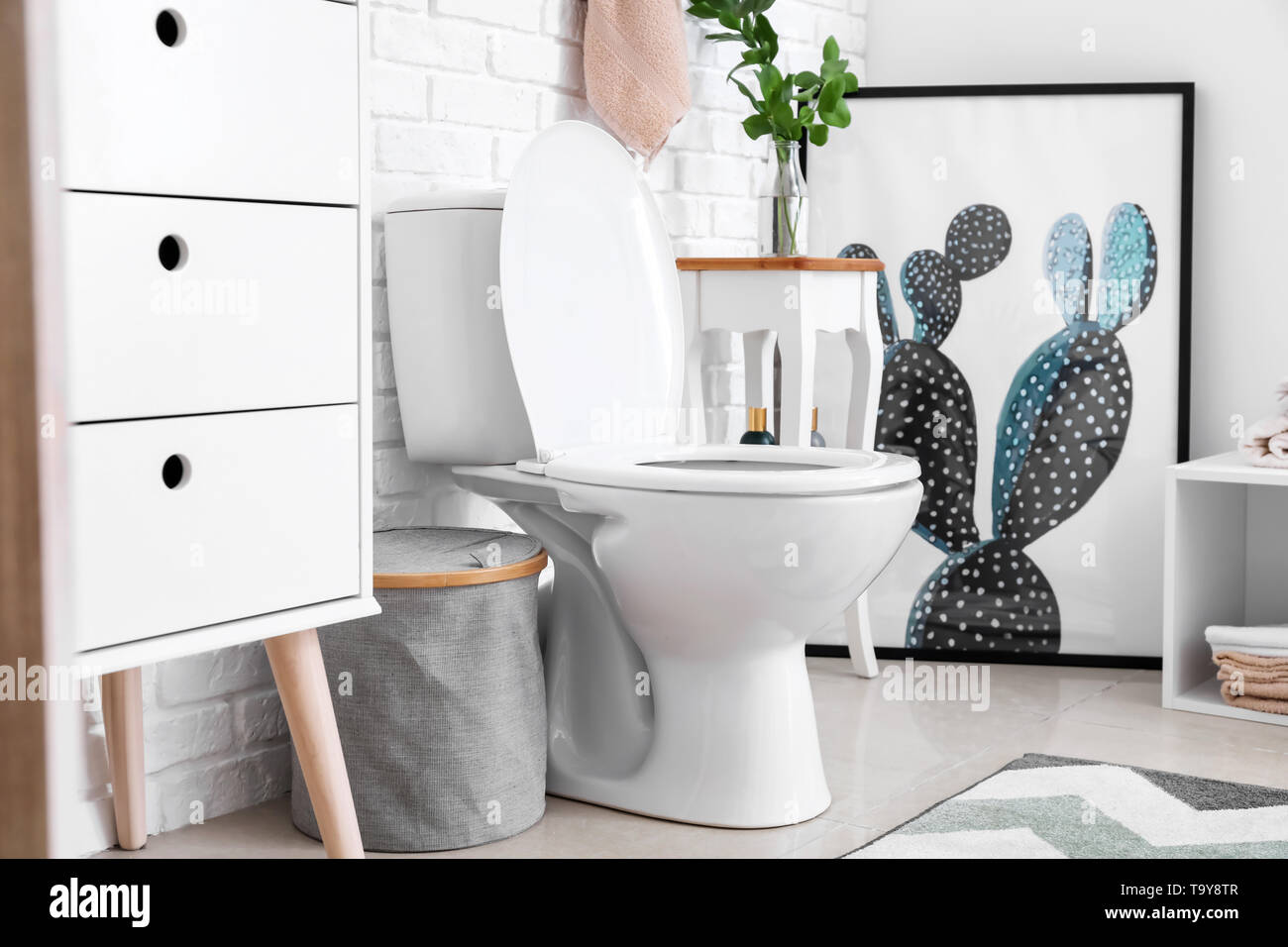 Modern interior of restroom with ceramic toilet bowl Stock Photo - Alamy
