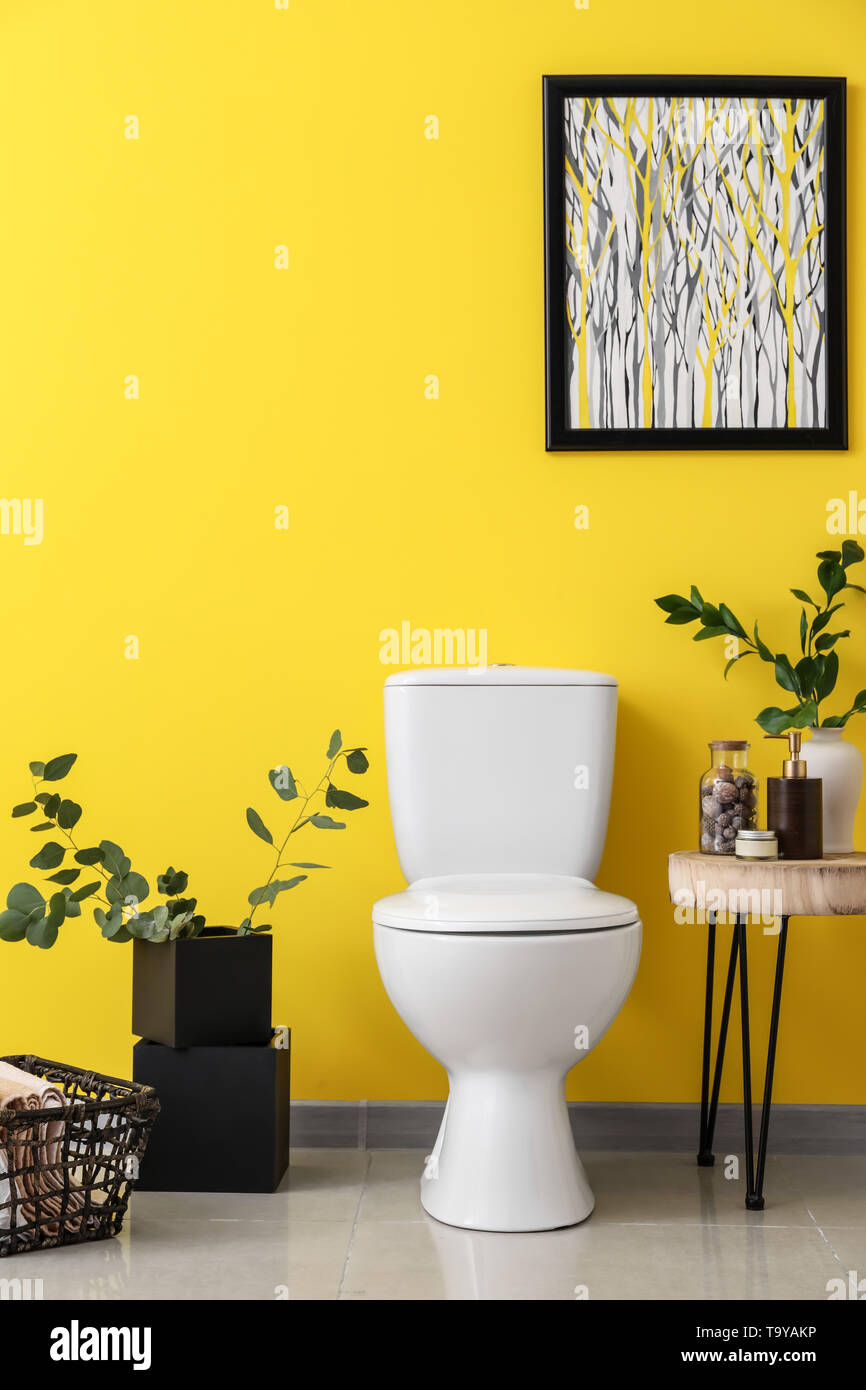 Modern interior of restroom with ceramic toilet bowl Stock Photo - Alamy