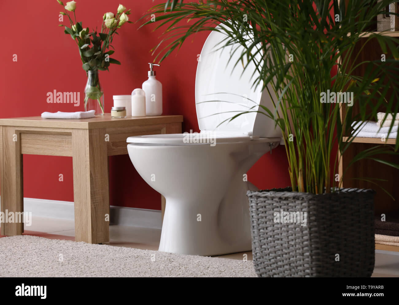 Modern interior of restroom with ceramic toilet bowl Stock Photo - Alamy