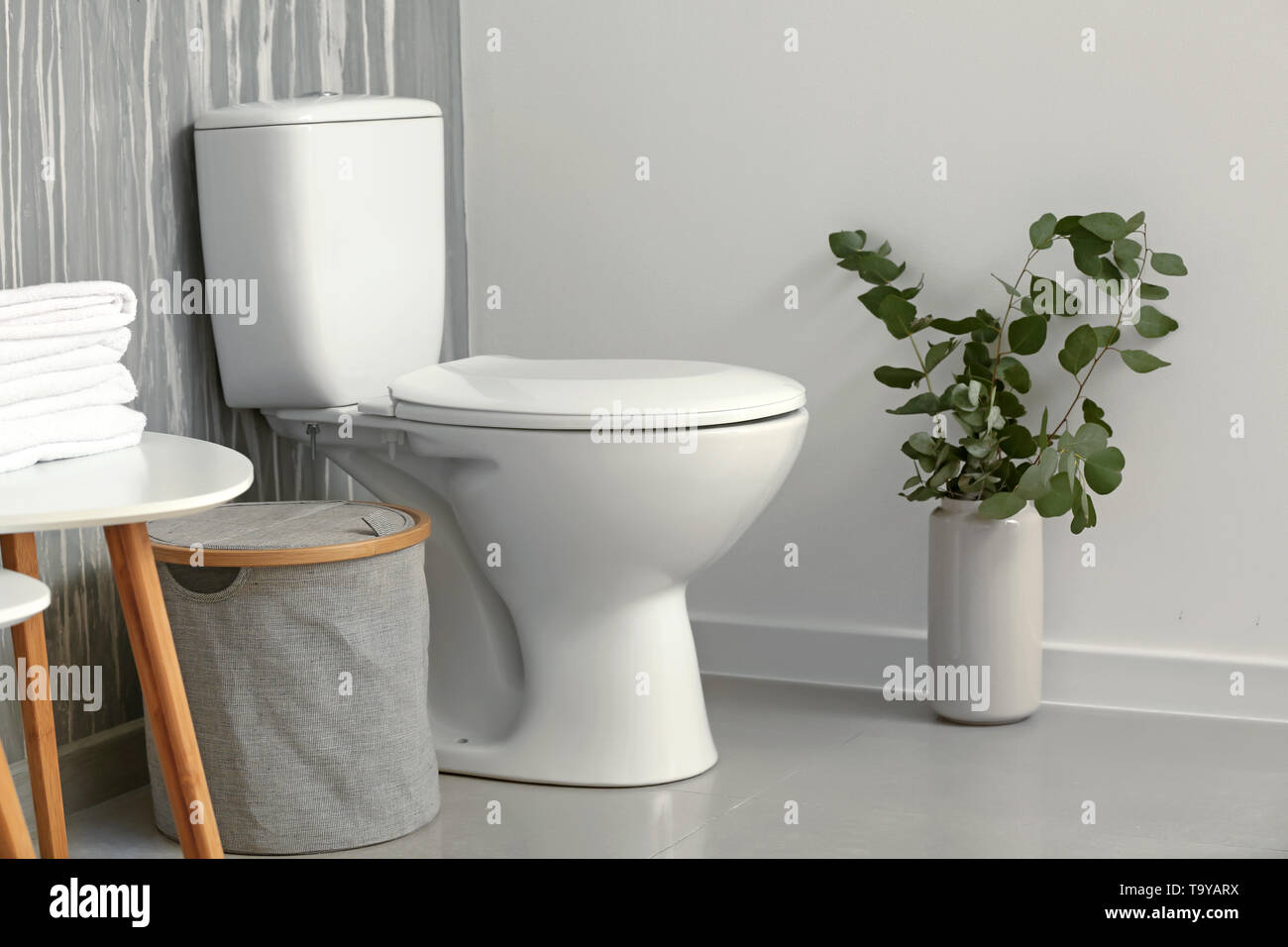 Modern interior of restroom with ceramic toilet bowl Stock Photo - Alamy