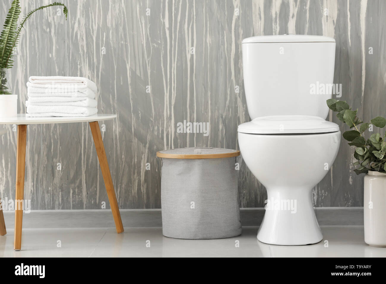 Modern interior of restroom with ceramic toilet bowl Stock Photo - Alamy