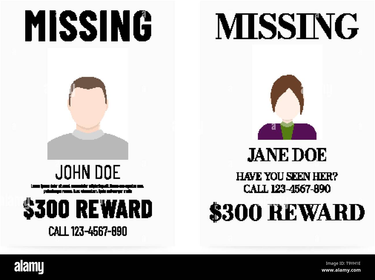 Person missing poster template. Male and female flat avatar Stock Vector