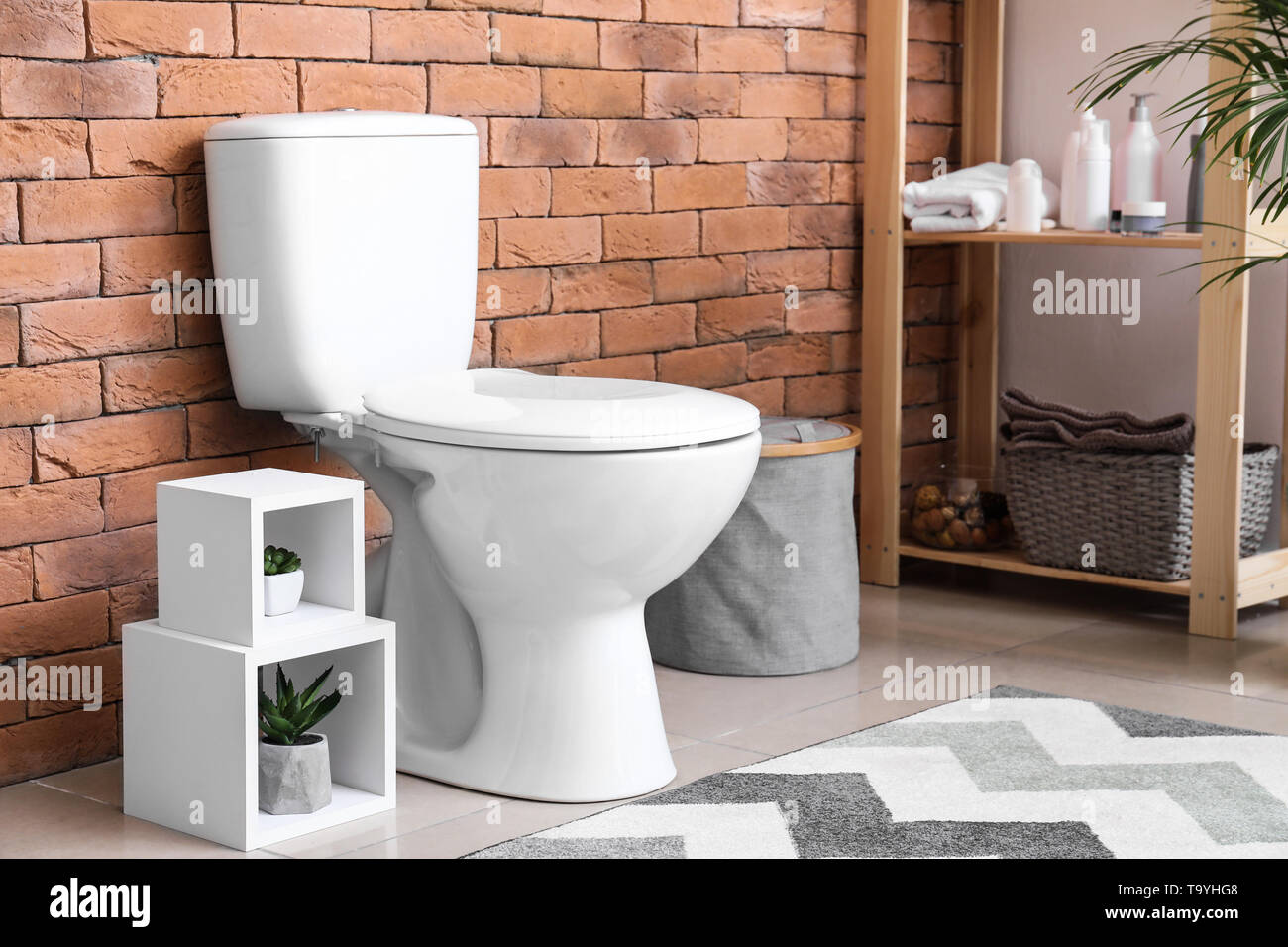 Interior of modern bathroom with toilet bowl Stock Photo - Alamy