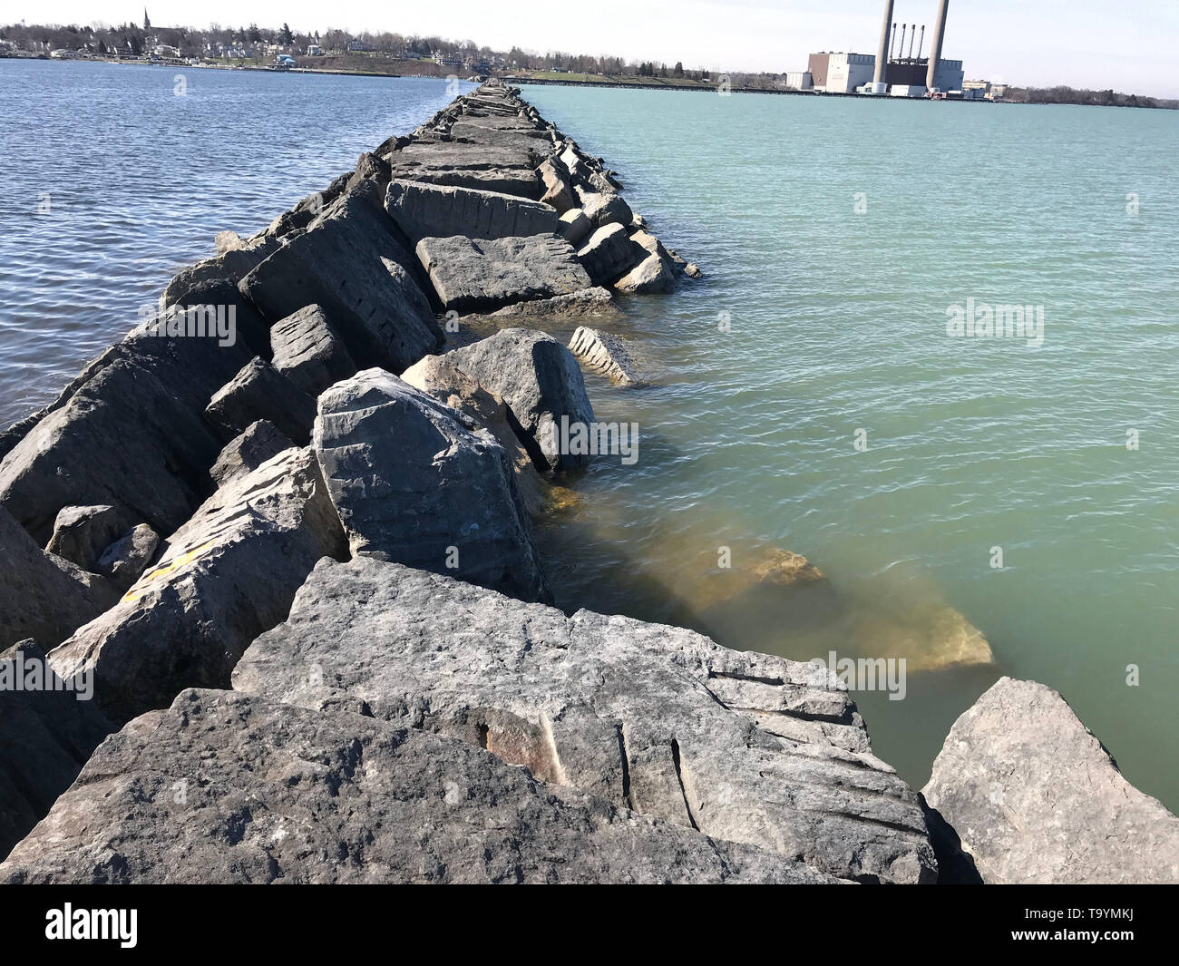 The U.S. Army Corps of Engineers, Buffalo District has awarded a $4.7 million contract to continue repairs on the west arrowhead breakwater located at the Port of Oswego, Oswego, New York.  This photograph was taken of the area that needs repair by Buffalo District technical teams. April 17, 2019, Oswego, NY. Stock Photo