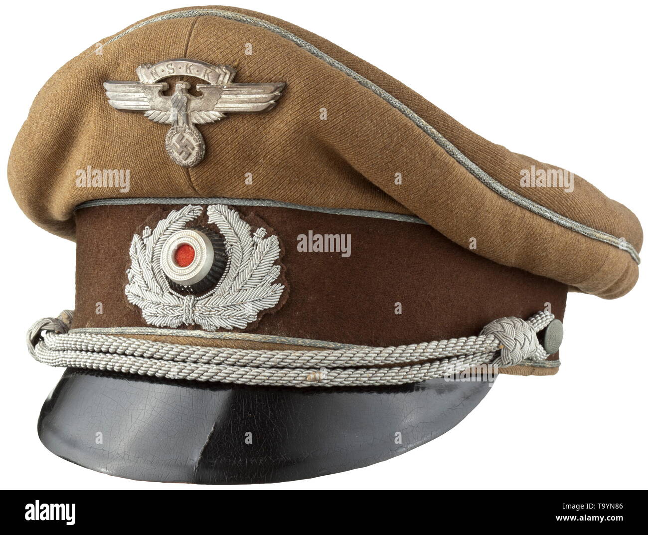 A visor cap for NSKK officers on wartime missions Private purchase piece in olive-coloured cloth, dark-brown trim band, silver officer's braid, yellow silk liner (cap trapezoid missing), brown leather sweatband with Erel maker marking, hand embroidered cap wreath, metal NSKK eagle and cockade, officer's cording. historic, historical, 20th century, Additional-Rights-Clearance-Info-Not-Available Stock Photo