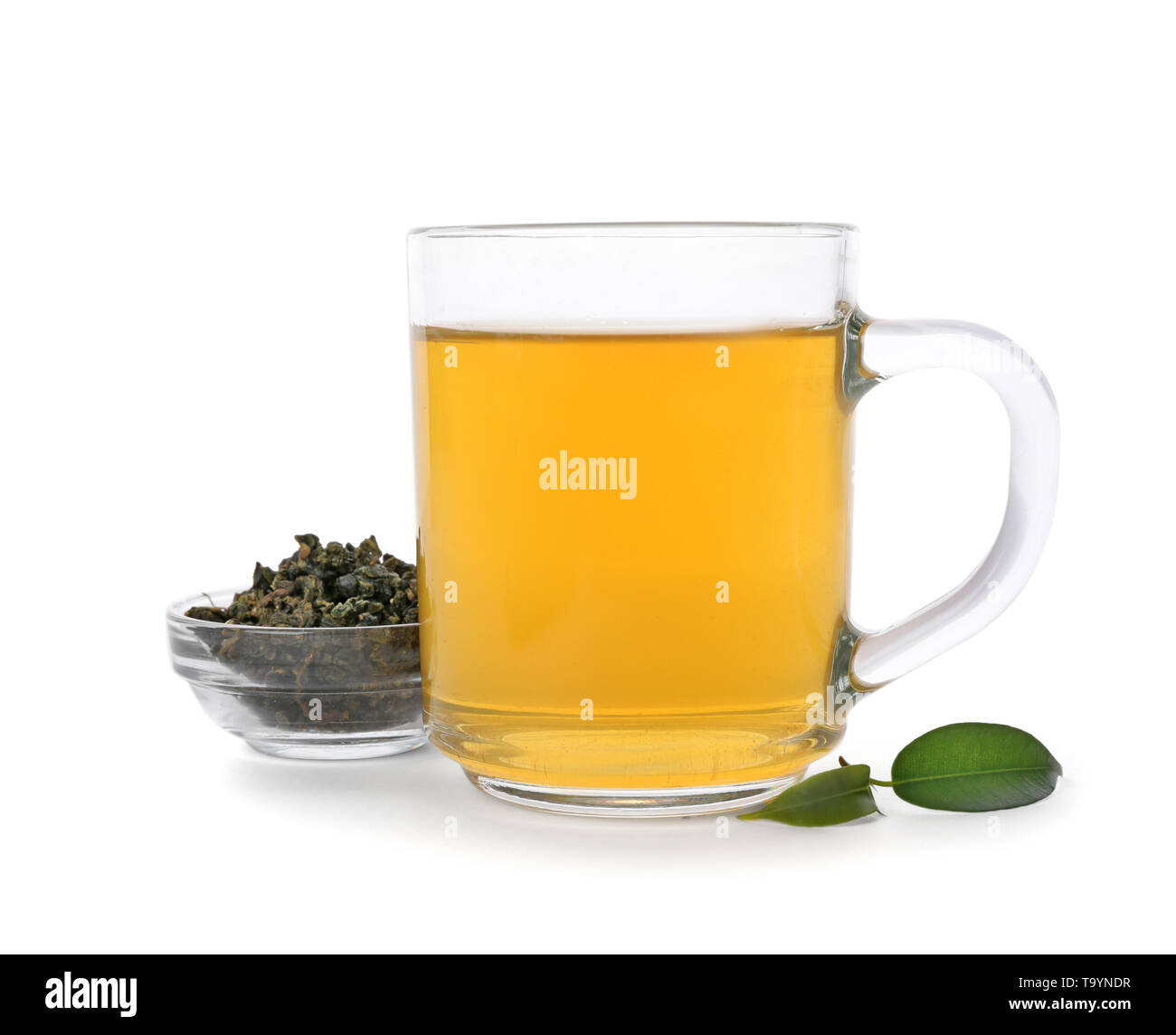 Set with Cups of Cup of Weight Loss Herbal Tea on White Background