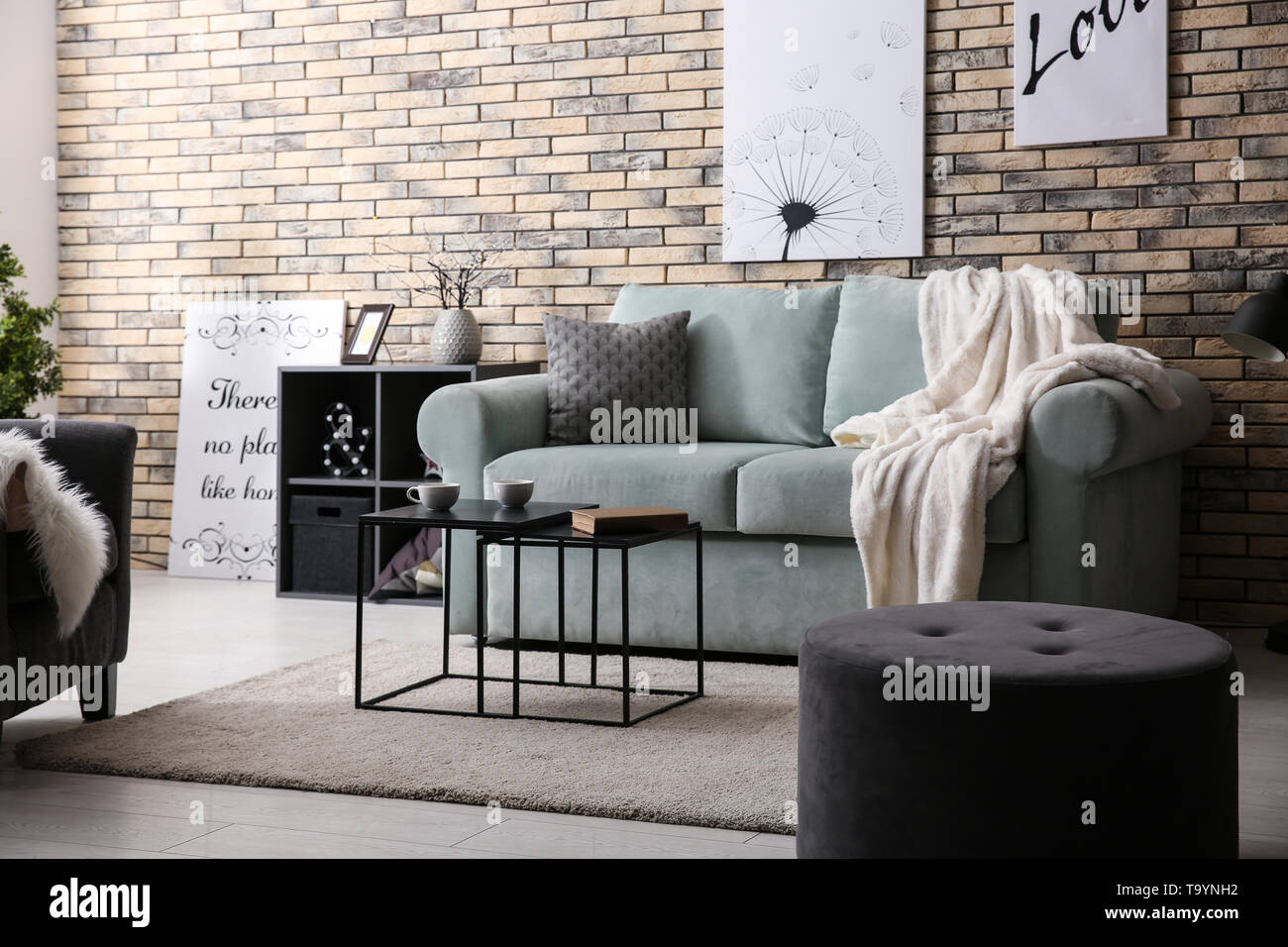 Stylish interior of living room with comfortable sofa Stock Photo - Alamy
