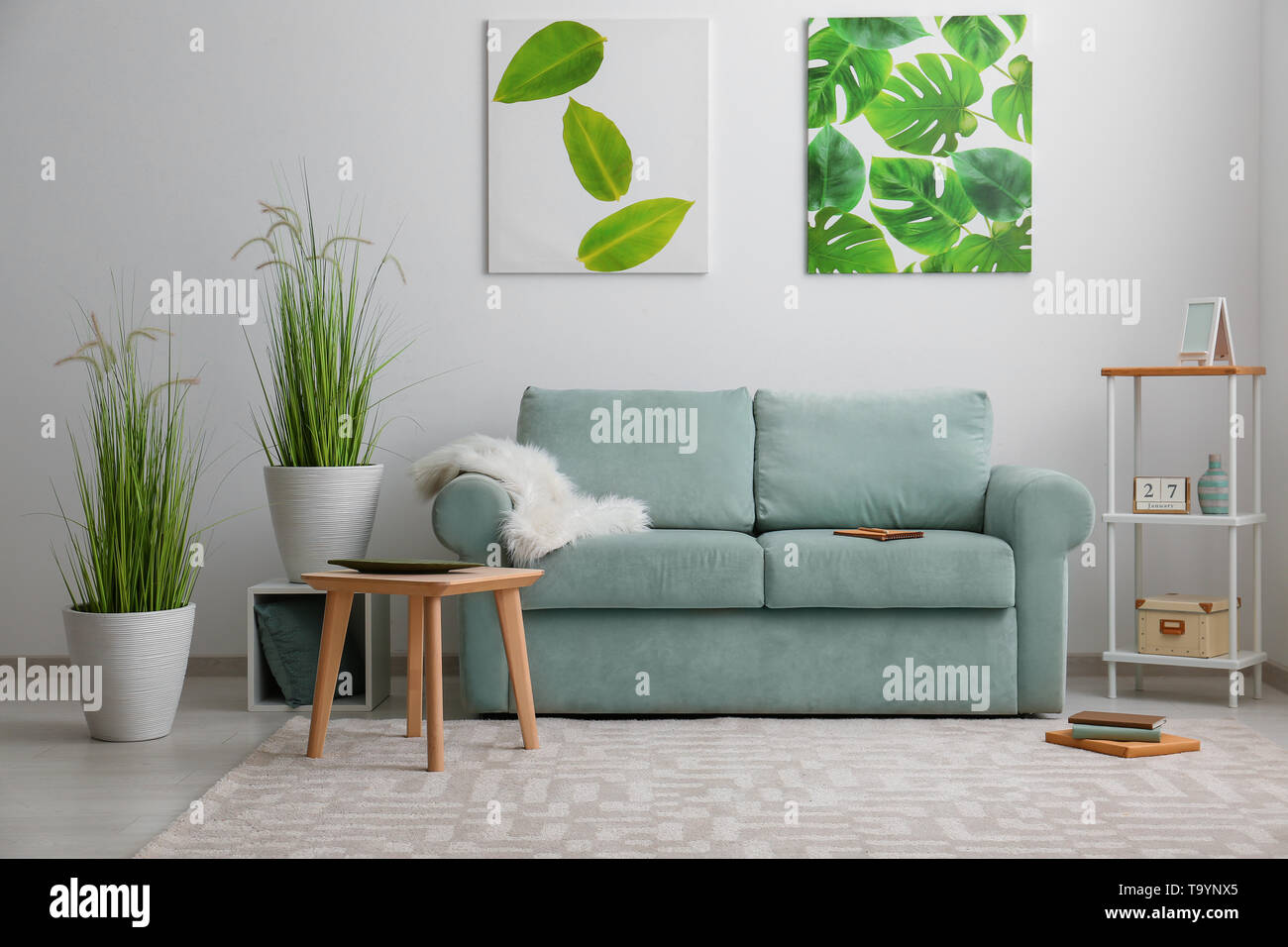 Stylish interior of living room with comfortable sofa Stock Photo - Alamy