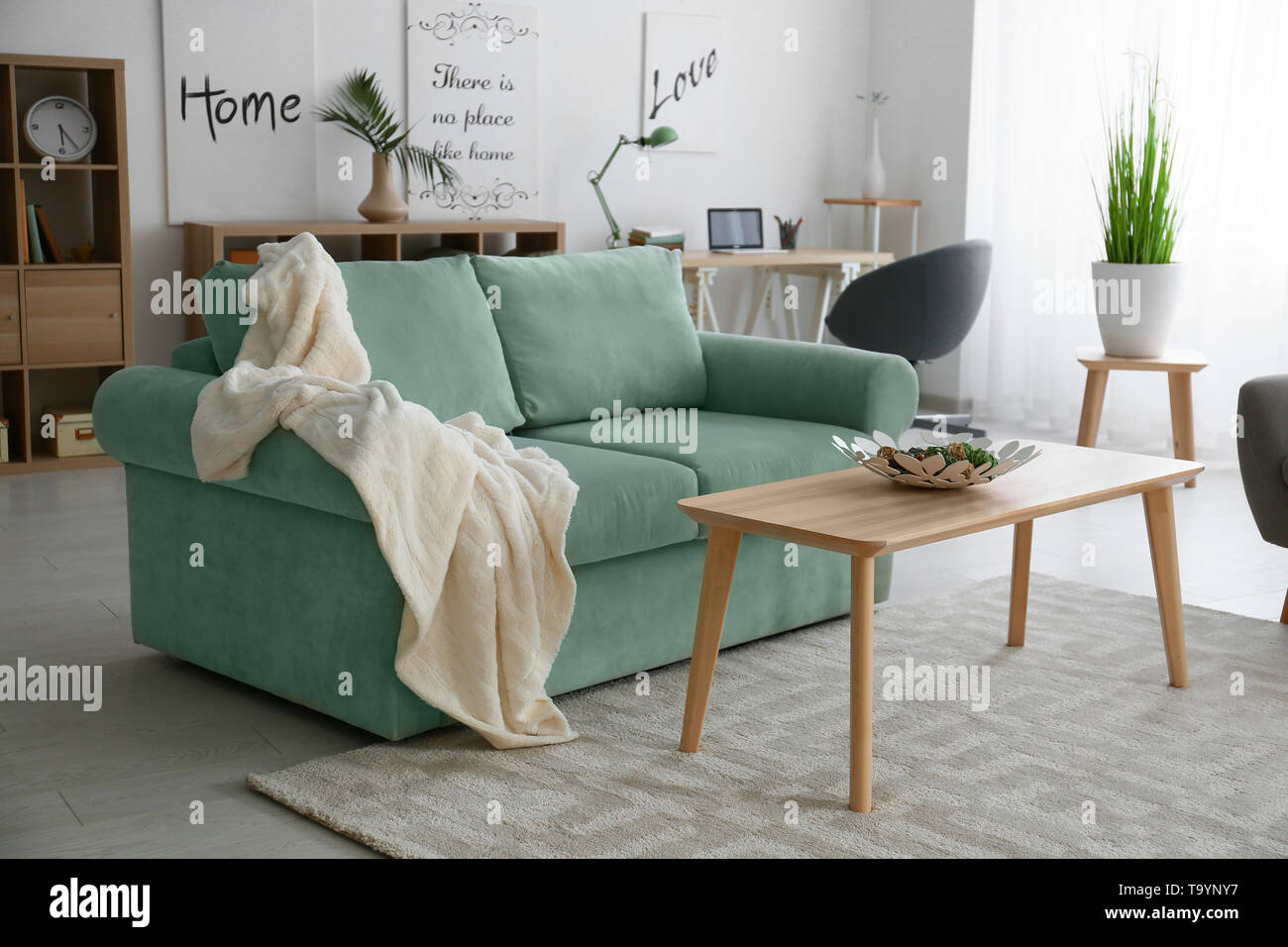 Stylish interior of living room with comfortable sofa Stock Photo - Alamy