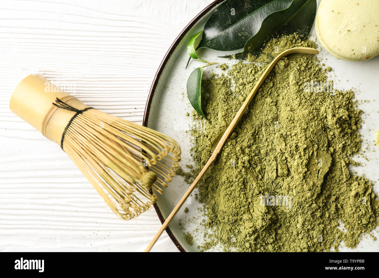 Composition with powdered matcha tea on table Stock Photo