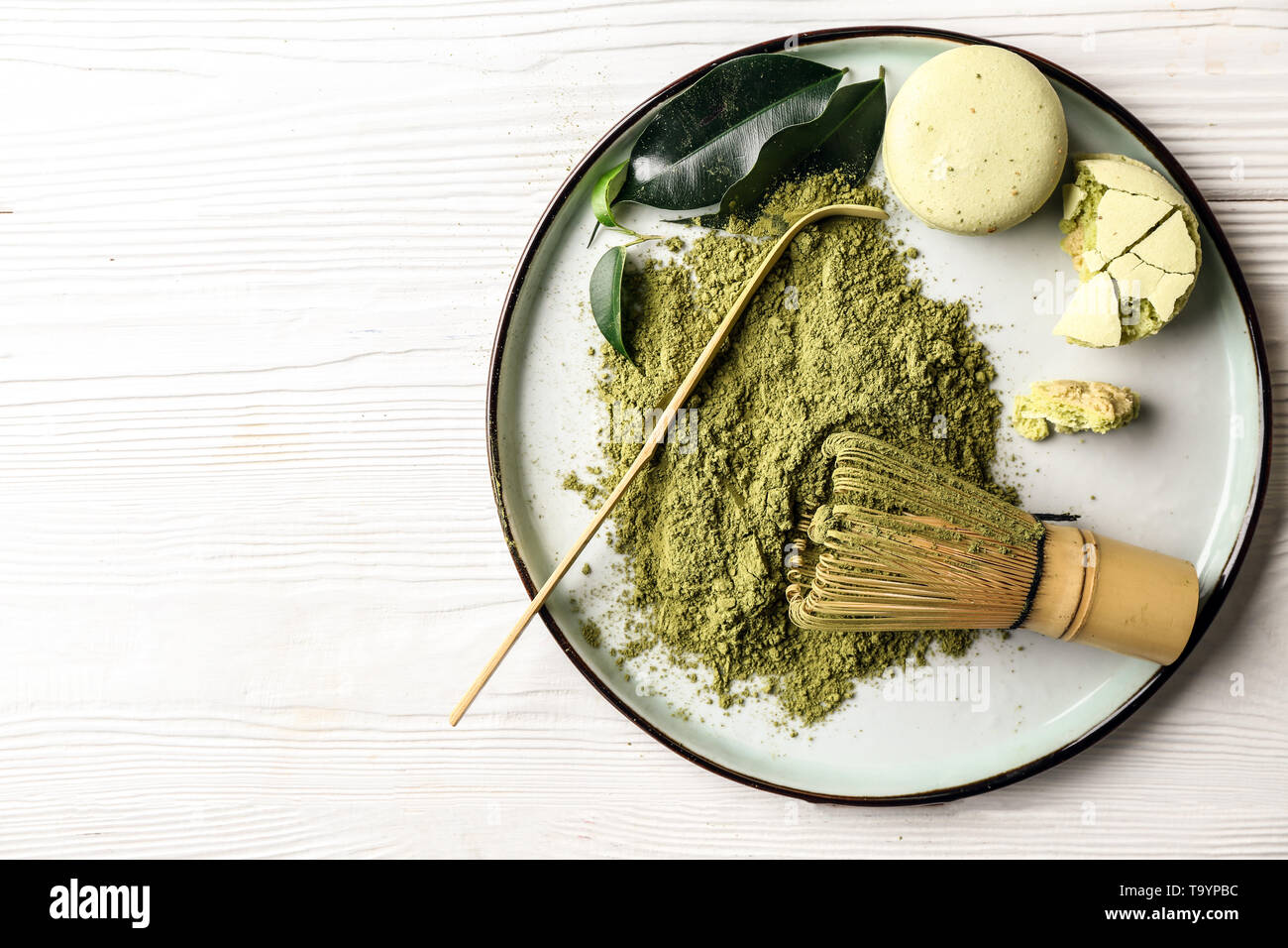 Composition with powdered matcha tea on table Stock Photo