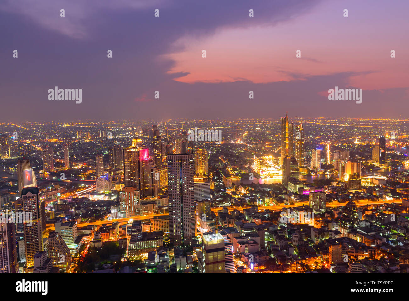 high view of the city in sunset time / High view of Bangkok city in ...