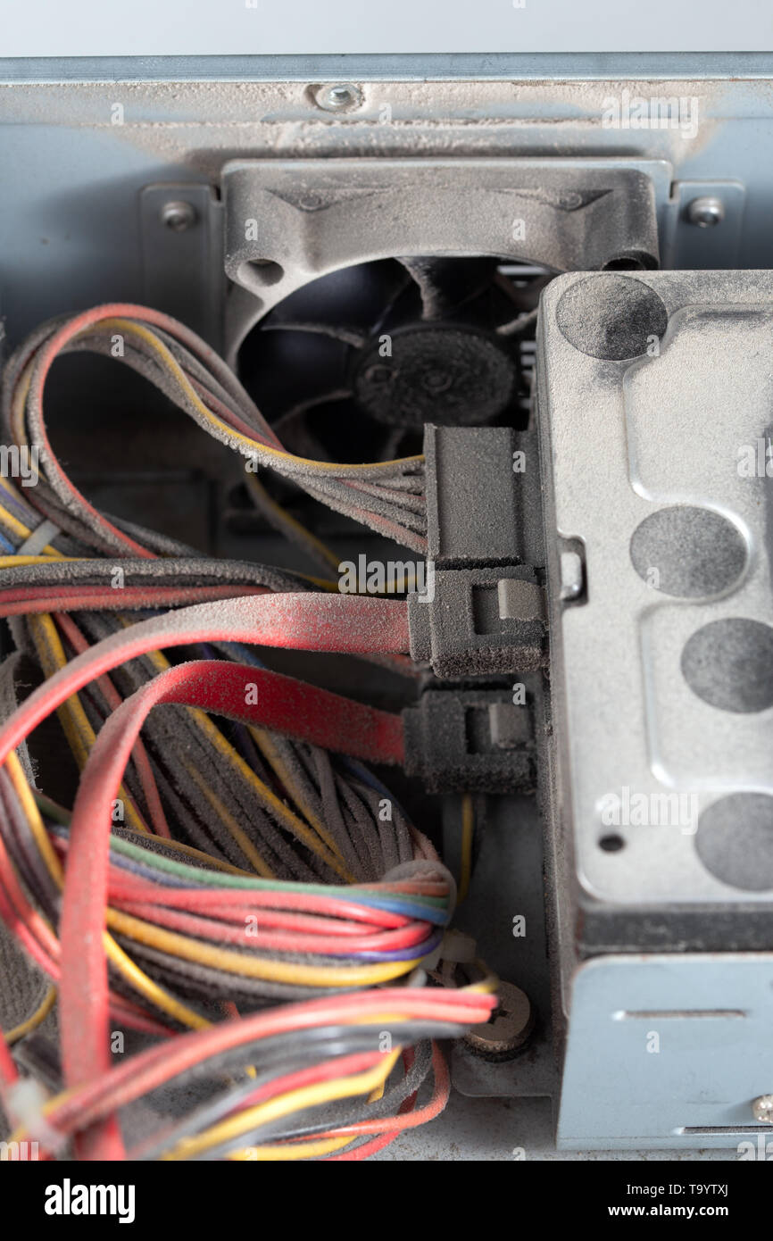 dusty pc electronic hardware closeup with selective focus and blur. Stock Photo