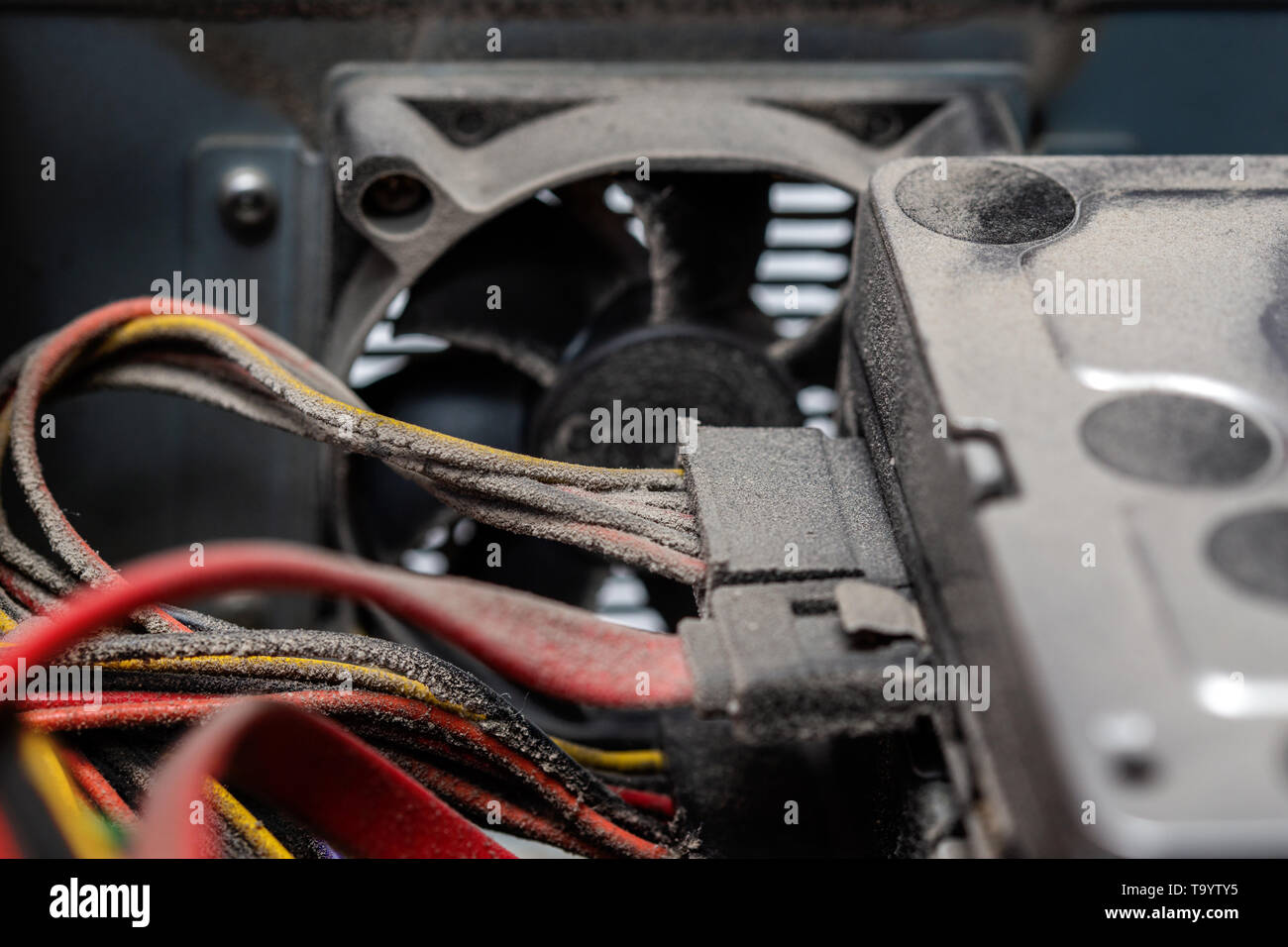 dusty pc electronic hardware closeup with selective focus. Stock Photo