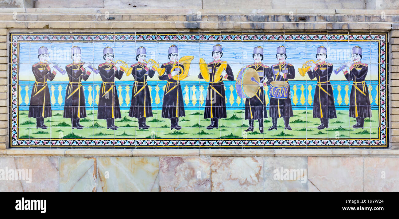 Tilework musicians at Shams ol Emareh or the edifice of the sun, Golestan palace, Tehran, Iran Stock Photo