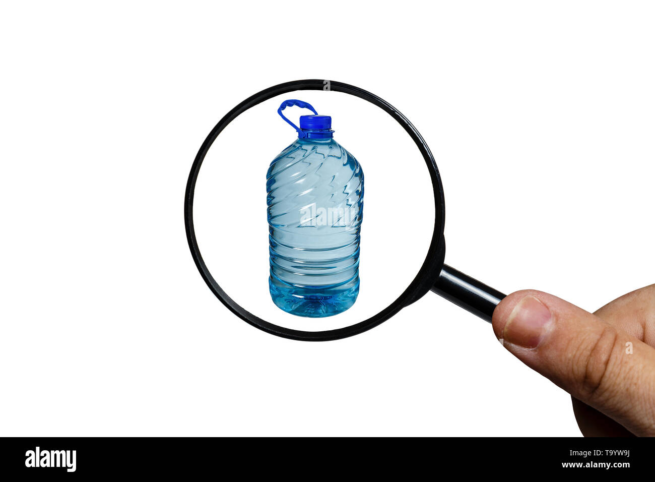 Big bottle of water isolated on a white background, view through a magnifying glass, magnifying glass in hand Stock Photo