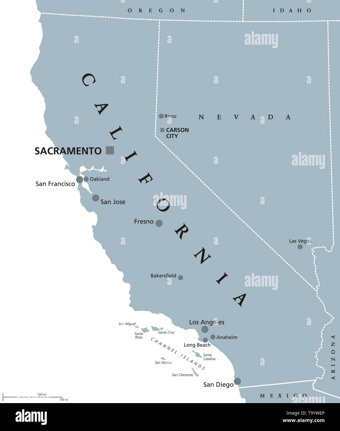 California political map with capital Sacramento, the largest cities and borders. State in the Pacific Region of the United States. The Golden State. Stock Photo