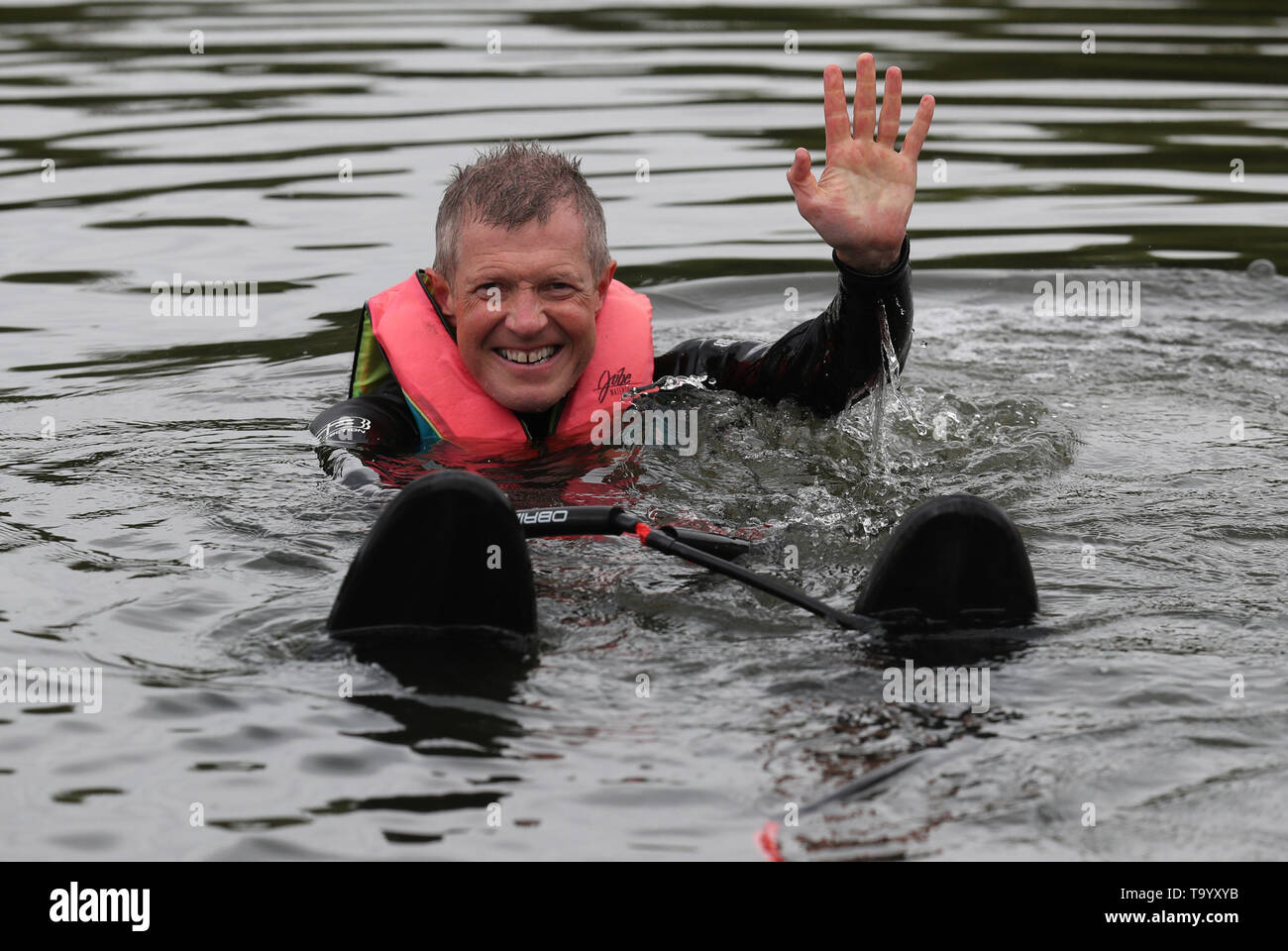 Scottish Liberal Democrat leader Willie Rennie water-skiing at Water Ski and Wakeboard Scotland in Dunfermline as he campaigns for the European elections. Stock Photo