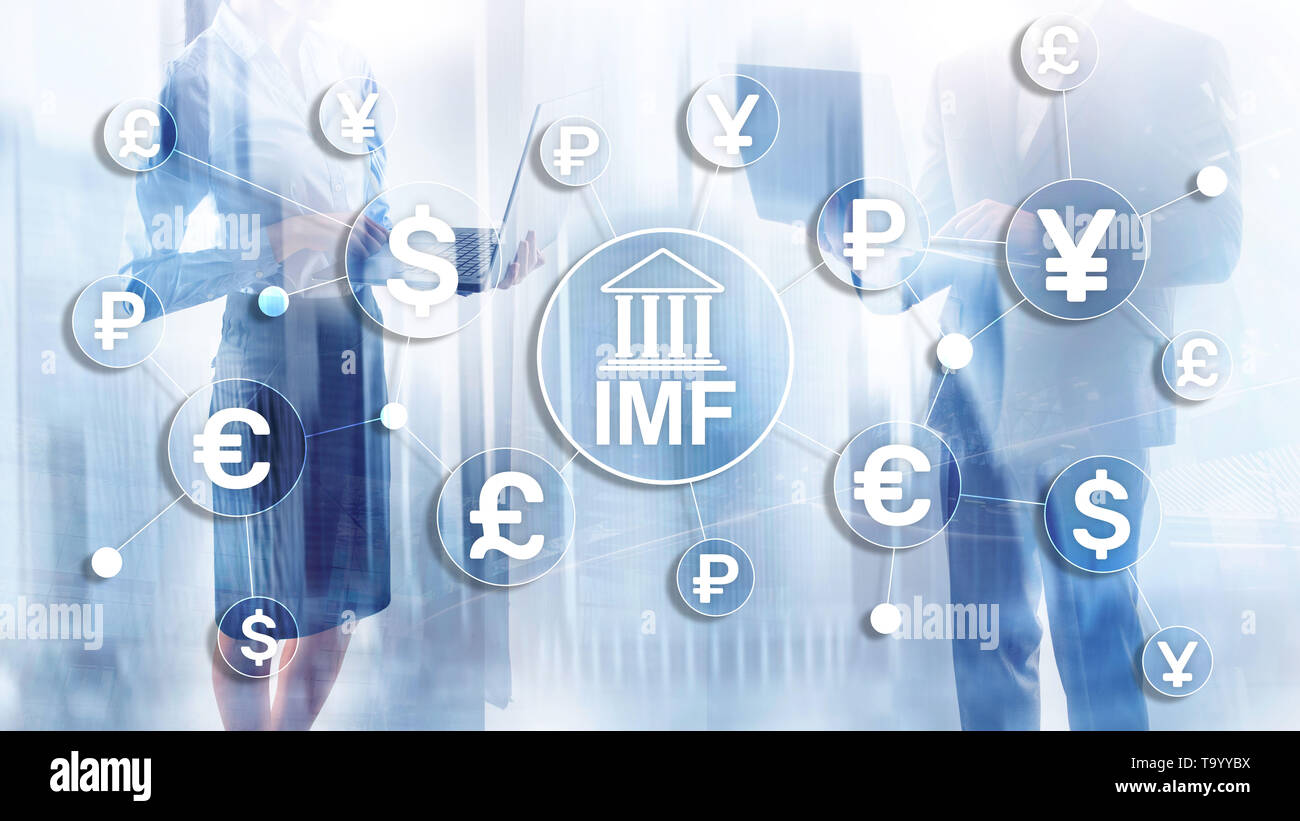 IMF International monetary fund global bank organisation. Business concept on blurred background. Stock Photo