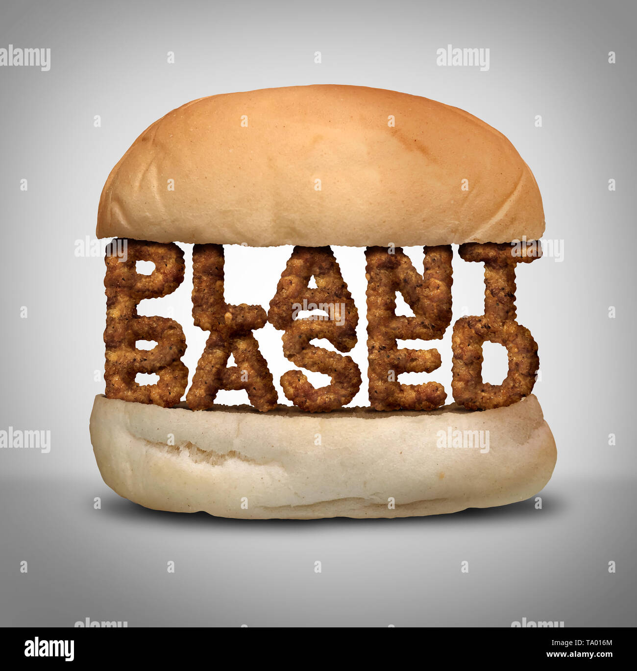 Plant based burger as fake meat or vegan hamburger representing a vegetarian protein in a 3D illustration style. Stock Photo