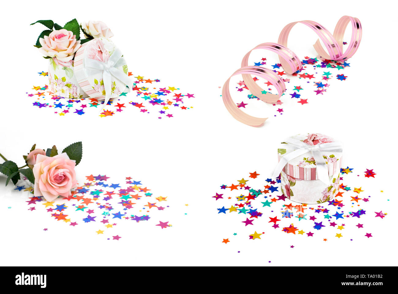 Set of elements for decorating holiday greeting card or invitation: pink roses, round gift box and multicolored confetti isolated on a white backgroun Stock Photo