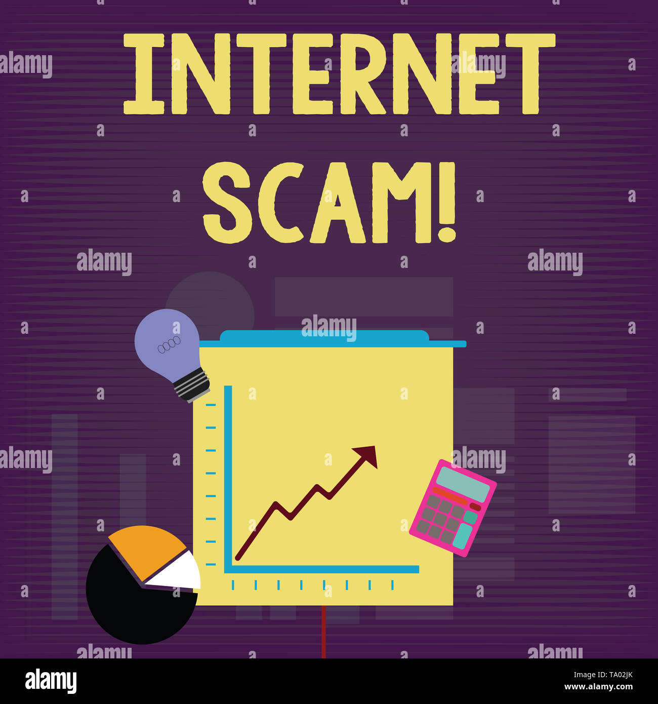 Handwriting text Internet Scam. Conceptual photo type of fraud or scam which makes use of the Internet Investment Icons of Pie and Line Chart with Arr Stock Photo