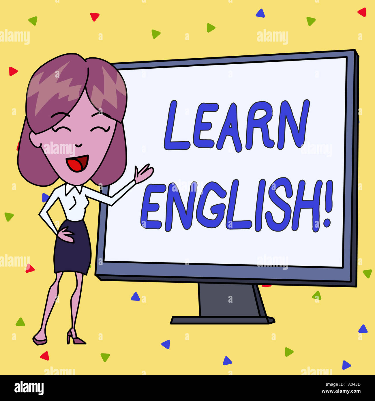 Handwriting text writing Learn English. Conceptual photo gain or acquire knowledge of speaking and writing English White Female in Standing Pointing B Stock Photo