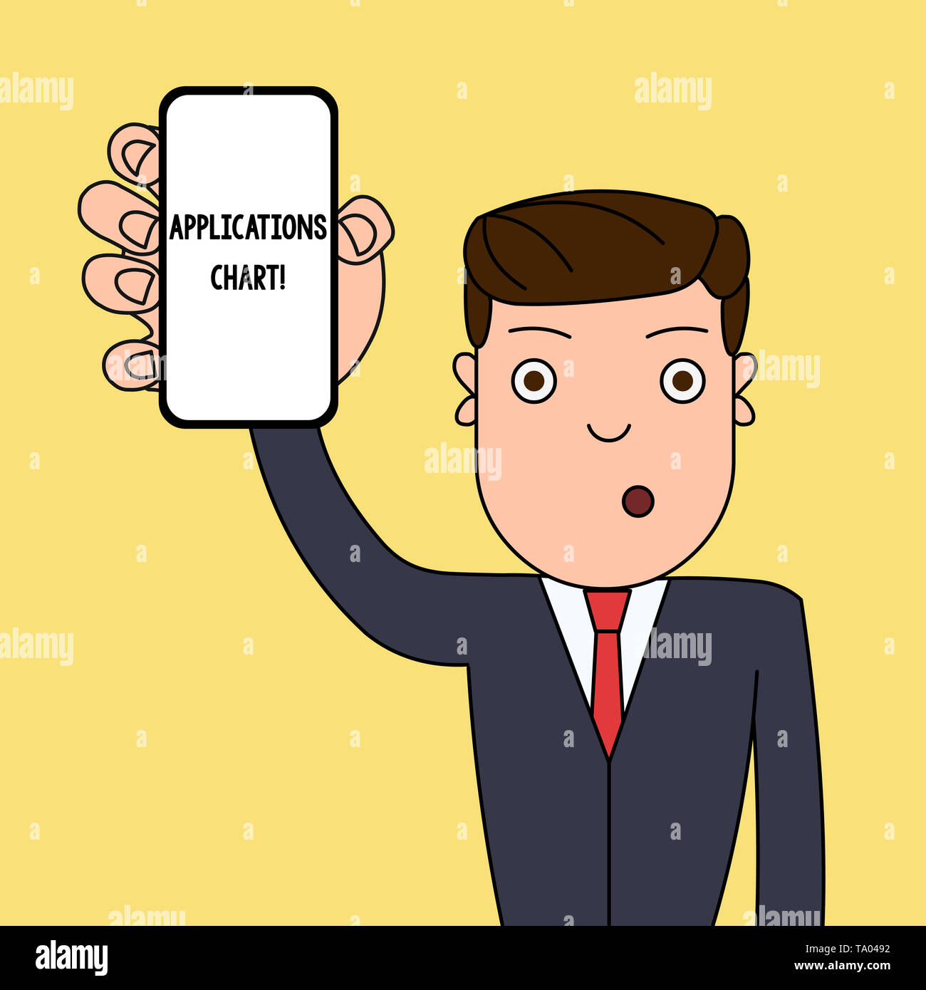 Writing note showing Applications Chart. Business concept for graph used to study how a process changes over time Man Holding Vertical Smartphone Devi Stock Photo