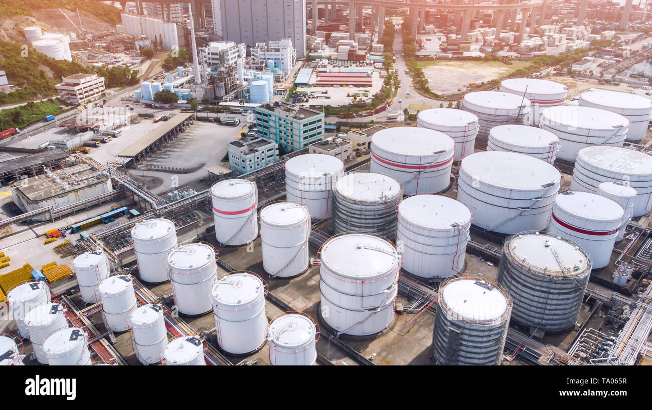 Aerial view oil refinery factory petrochemical plant. Stock Photo