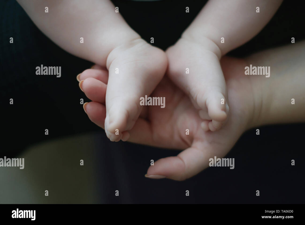 Mother's hand holding gently tiny Caucasian baby feet and toes, concept for families and generations, care for infants and newborn in early stages Stock Photo