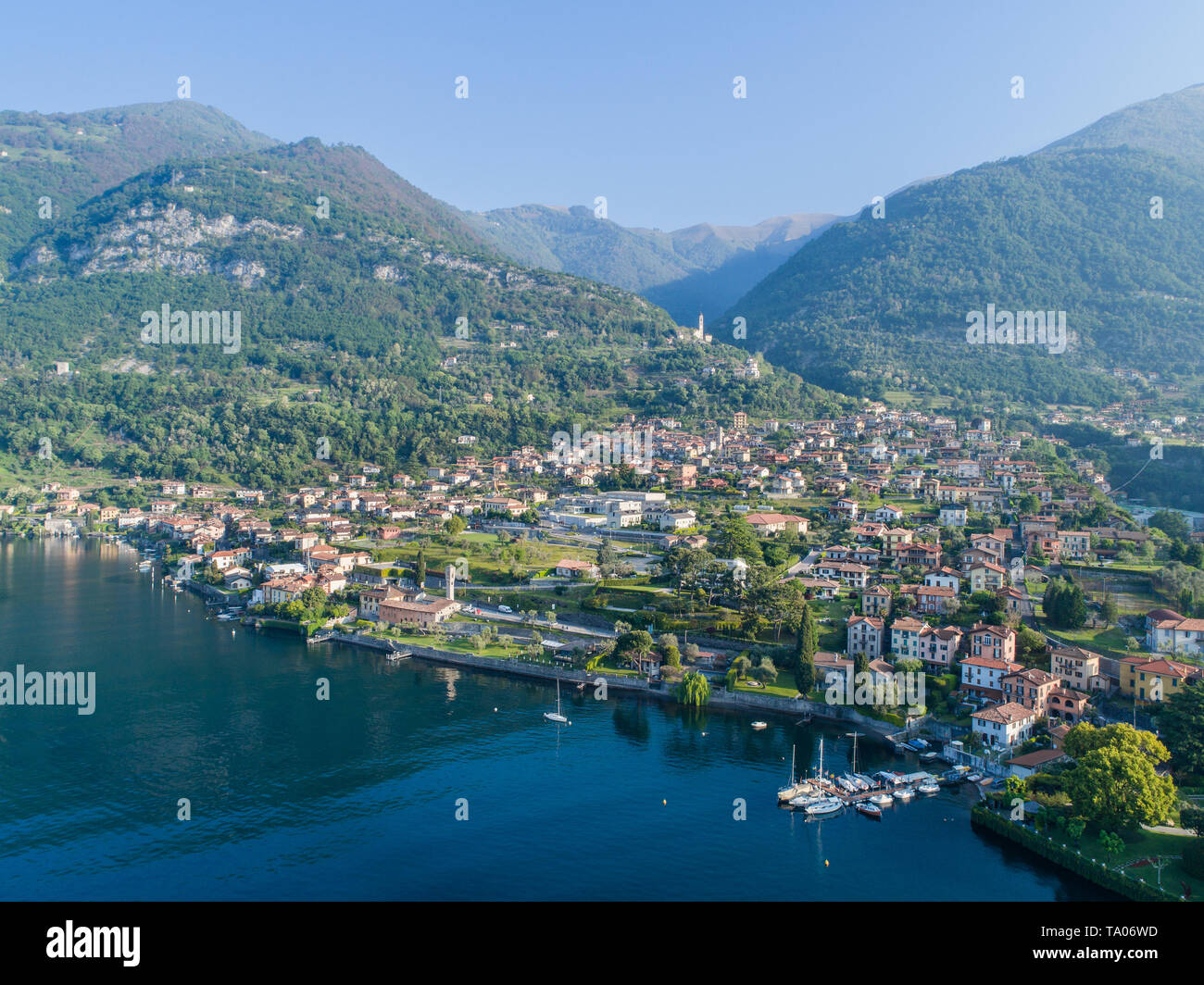 Village of Ossuccio, lake of Como. Italy. Aerial view Stock Photo