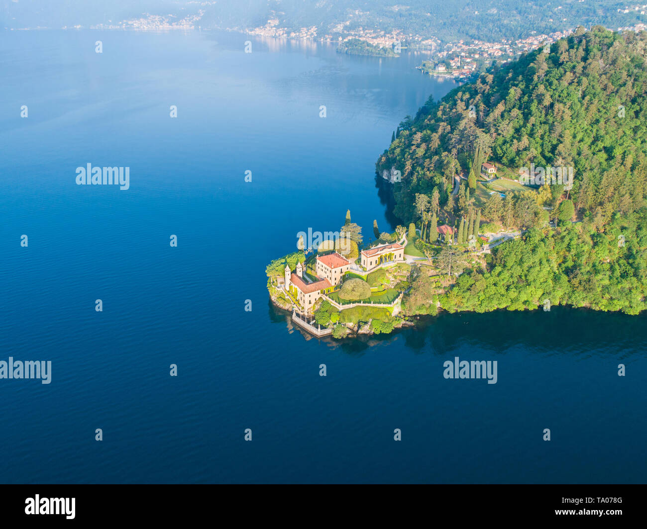 Villa Balbianello, Como lake, aerial photo Stock Photo