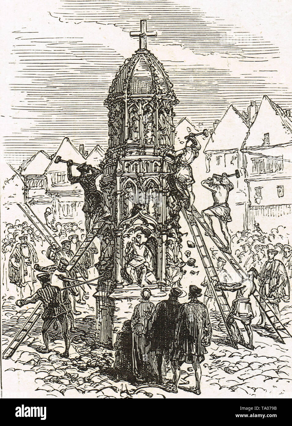 Destruction of Cheapside Cross,May 1643, ordered by the Committee for the Demolition of Monuments of Superstition and Idolatry during the English Civil War Stock Photo