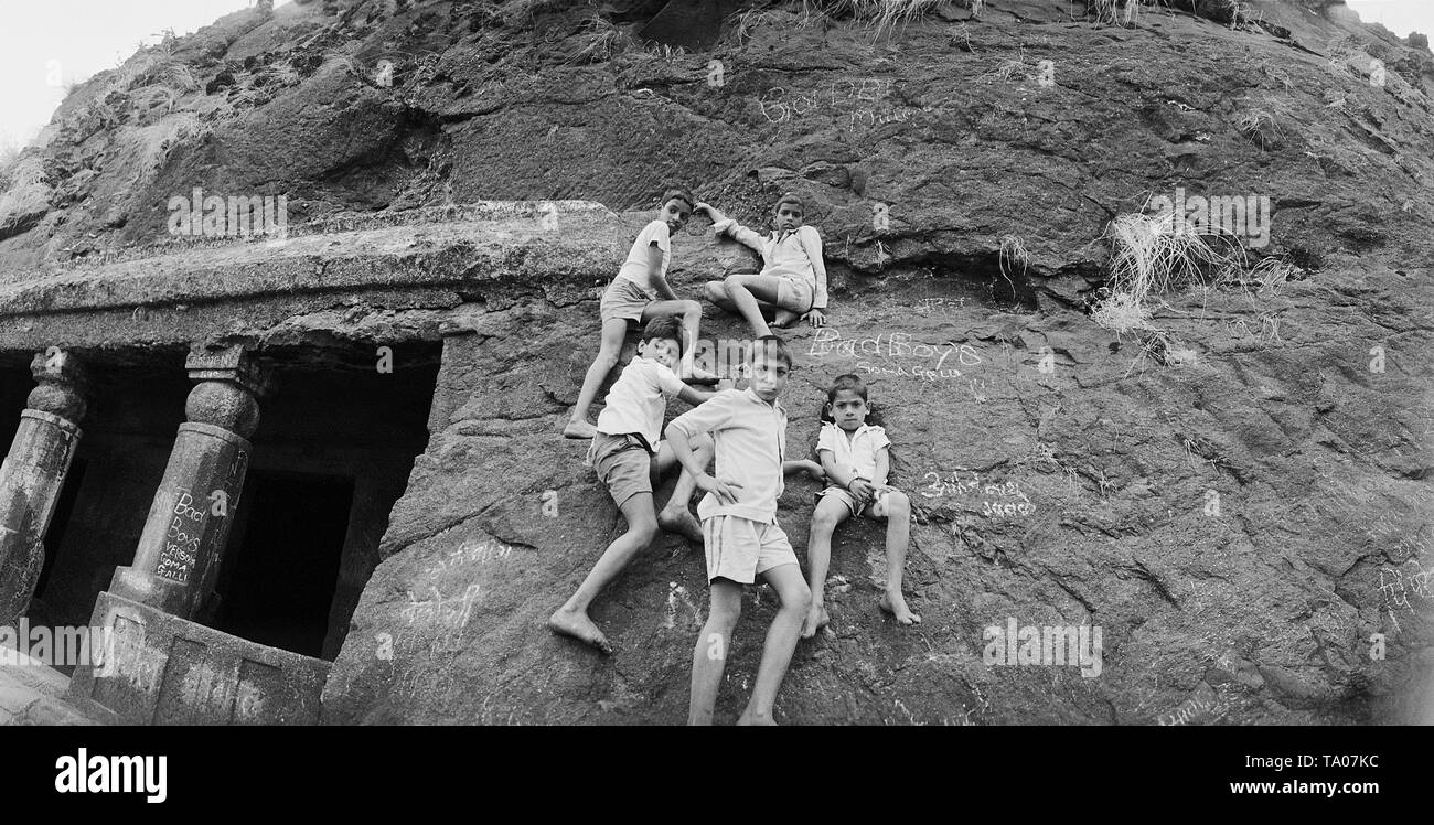 PORTRAIT OF A GROUP OF YOUNG BOYS AT KARLA CAVES, THANE Stock Photo